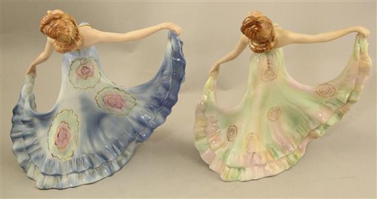 Two rare Wade Art Deco underglaze porcelain figures of Iris, c.1940, 17.5cm and 18cm